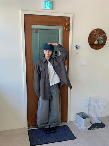 Trad Curved Washed Denim Balloon Wide Pants